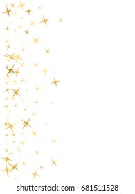 Golden stars flying left border vector. Cosmic abstract background. Decorative pattern on white w/ gold sparkles, glitter confetti. Holiday astral design. Flying stars for card or banner background.