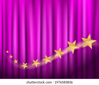golden stars flying over purple curtain. vector illustration