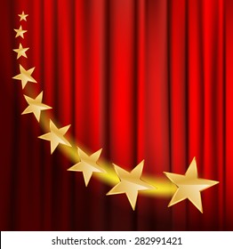 golden stars flying over red curtain background with spotlight