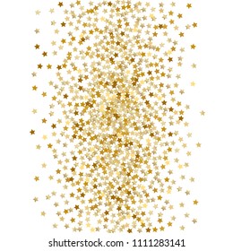 Golden stars forming vertical path. Abstract vector glimmer background. Flying stars isolated on white. Decorative Vector illustration. Holiday decorations, postcards, invitations