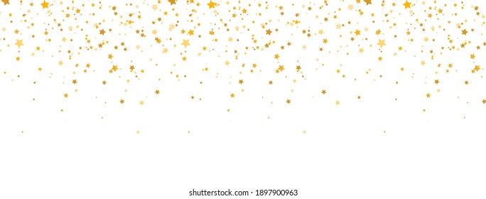 Golden stars frame on long banner. Celebration banner. Gold shooting stars. Glitter elegant design elements. Magic decoration. Christmas texture. Vector illustration.