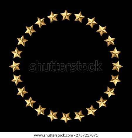 Golden stars frame round circle. Shiny metallic finish catches light. Ideal for awards, ratings, or festive designs. Clean black background enhances focus. Minimalist aesthetic suits modern projects