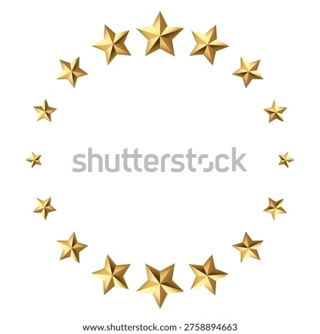 Golden stars frame round circle. Shiny metallic finish catches light. Ideal for awards, ratings, or festive designs. Clean white background enhances focus. Minimalist aesthetic suits modern projects