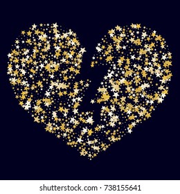 Golden Stars Glitter Broken Heart on Dark Blue Background. Greeting Card, Invitation Template with Stars Confetti. Night Sky Vector Background.