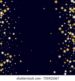 Golden Stars Glitter Frame on Dark Blue Background. Greeting Card, Invitation Border with Stars Confetti. Night Sky Vector Background with Free Space.