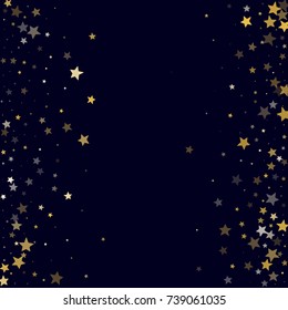 Golden Stars Glitter Frame on Dark Blue Background. Greeting Card, Invitation Border with Stars Confetti.a
