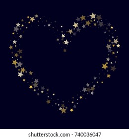 Golden Stars Glitter Heart Frame on Dark Blue Background. Greeting Card, Wedding Invitation Border with Stars Confetti. Night Sky Vector Background with Free Space