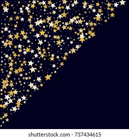 Golden Stars Glitter on Dark Blue Background. Greeting Card, Invitation Template with Stars Confetti. Night Sky Vector Background