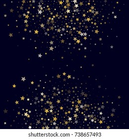 Golden Stars Glitter on Dark Blue Background. Greeting Card, Invitation Template with Stars Confetti. Night Sky Vector Background with Free Space.