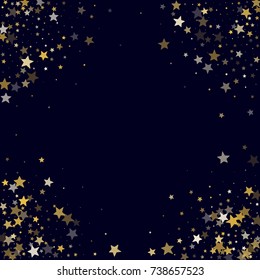 Golden Stars Glitter on Dark Blue Background. Greeting Card, Invitation Template with Stars Confetti. Night Sky Vector Background with Free Space