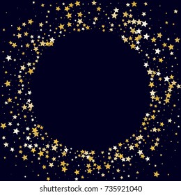 Golden Stars Glitter Round Frame on Dark Blue Background. Greeting Card, Invitation Border with Stars Confetti. Night Sky Vector Background with Free Space