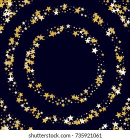 Golden Stars Glitter Round Frame on Dark Blue Background. Greeting Card, Invitation Border with Stars Confetti. Night Sky Vector Background with Free Space