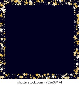 Golden Stars Glitter Square Frame on Dark Blue Background. Square Border with Stars Confetti. Greeting Card, Invitation Template with Free Space. Night Sky Vector Background.