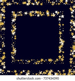 Golden Stars Glitter Square Frame on Dark Blue Background. Greeting Card, Invitation Border with Stars Confetti. Night Sky Vector Background with Free Space