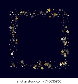 Golden Stars Glitter Square Frame on Dark Blue Background. Greeting Card, Invitation Border with Stars Confetti. Night Sky Vector Background with Free Space