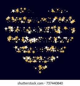 Golden Stars Glitter Striped Heart on Dark Blue Background. Greeting Card, Invitation Template with Stars Confetti. Night Sky Vector Background.
