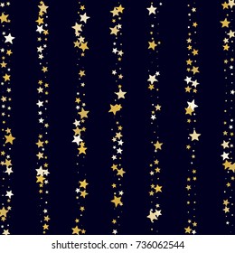 Golden Stars Glitter Stripes on Dark Background. Greeting Card, Invitation Template with Stars Confetti. Night Sky Striped Vector Background