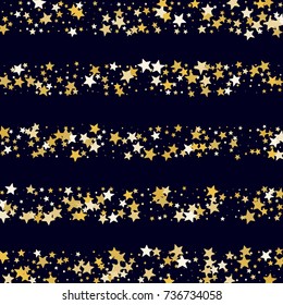 Golden Stars Glitter Stripes on Dark Background. Greeting Card, Invitation Template with Stars Confetti. Night Sky Striped Vector Background