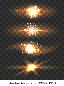 Golden Stars with Glow Light Effects on Transparent Background. Vector Illustration.