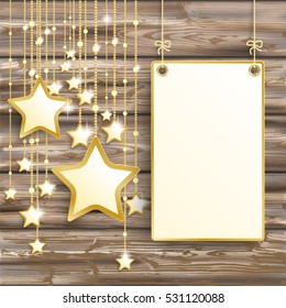 Golden stars with hanging board on the wooden background. Eps 10 vector file.