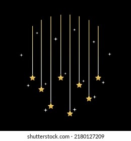 Golden stars hanging mystic magic boho on black background flat vector design.