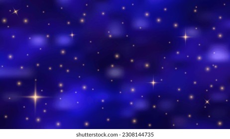 Golden stars lights on nighty sky. Horizontal space background with realistic nebula, stardust and shining stars. Infinite universe, nighttime sparkle design.