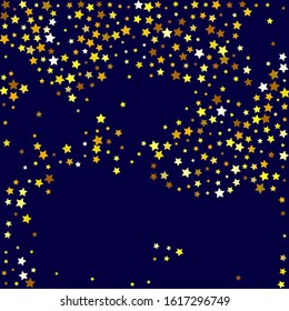 Golden Stars Modern. Tiny Confetti Poster. Gold Sparkling Card. Celebration Background. Yellow Starry Gift. Glitter Sky. Summer Anniversary. Party Greeting.