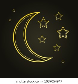 Golden stars and moon on black background. Vector illustration 