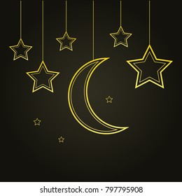 Golden stars and moon on black background. Ramadan. Vector illustration
