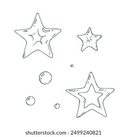 Golden stars, New Year s toys for decoration and other holidays, volumetric. Line art is a simple hand-drawn illustration in black and white ink. Isolated vector EPS object.