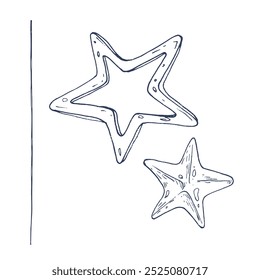 Golden stars, New Year s toys for decoration and other holidays, volumetric. Graphic illustration hand drawn in black ink. Set of isolated objects EPS vector.