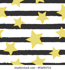 Golden stars on background of horizontal paint brushstrokes. Seamless vector texture for print and web