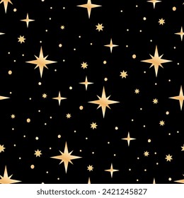 Golden Stars on Black Background Vector Seamless Pattern. Simple Night Starry Magic Astronomy Astrology Illustration.