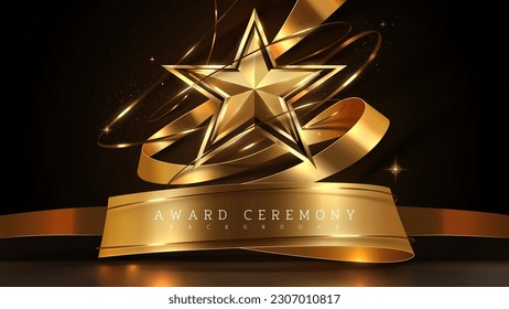 Las estrellas doradas sobre un fondo oscuro con decoración de cinta y elementos de efecto luz y bokeh. Ideas de diseño de la ceremonia de entrega de premios de lujo. Ilustración vectorial.