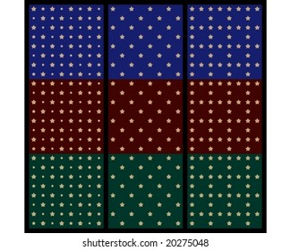 Golden stars on dark red, green, blue. Pattern that will tile seamlessly.