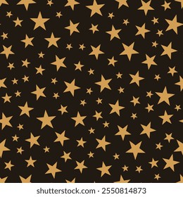 Patrón de estrellas doradas sobre un fondo negro, perfecto para diseños festivos, decoraciones navideñas y temas de celebración. Ideal para Fondos de pantalla, envolturas de regalo y fondos digitales. Alto contraste y