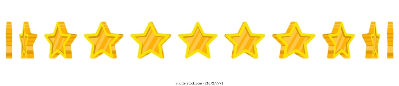 Golden Stars Rotate Animation. Rotation 3d Stars Cartoon Star For Game Ui Or Video Effects. Vector Isolated On White Background