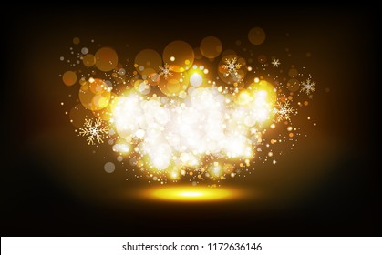 Golden stars scatter shimmer neon celebration confetti Christmas winter party, bright dust glowing, Bokeh blurry abstract background vector illustration