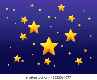 Golden stars scattered on a dark blue night sky, creating a magical and serene atmosphere. Ideal for cosmic themes, dream-related projects, and nighttime designs. Vector illustration.