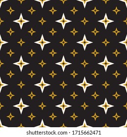 Golden stars seamless pattern. Abstract minimal geometric texture. Simple vector black, white and gold ornament with small star shapes, diamonds. Elegant repeat design for wallpapers, wrapping, fabric