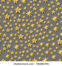 Golden stars seamless pattern isolated on grey background. Chaotic elements. . Luxury retro. 3d effect. Design template for wallpaper, wrapping, fabric, textile. Vector Illustration