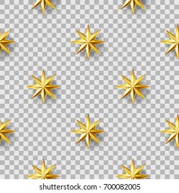 Golden stars seamless pattern isolated on transparent background. Geometric elements. Luxury retro. 3d effect. Design template for wallpaper, wrapping, fabric, textile. Vector Illustration