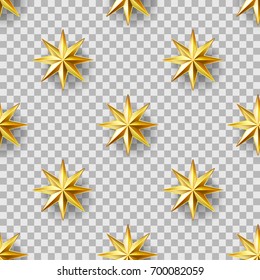 Golden stars seamless pattern isolated on transparent background. Geometric elements. Luxury retro. 3d effect. Design template for wallpaper, wrapping, fabric, textile. Vector Illustration