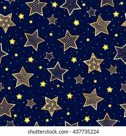 Golden stars seamless pattern on blue background