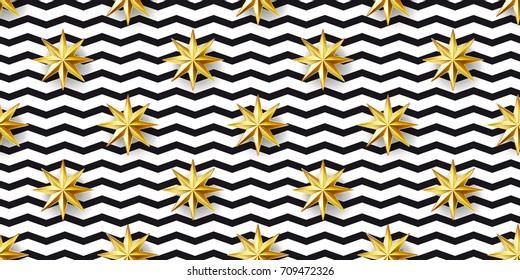 Golden stars seamless pattern on zigzaz lines background. Luxury elements. 3d effect. Modern design template for wallpaper, wrapping, fabric, textile. Vector Illustration