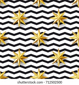 Golden stars seamless pattern on zigzaz lines background. Luxury elements. 3d effect. Modern design template for wallpaper, wrapping, fabric, textile. Vector Illustration