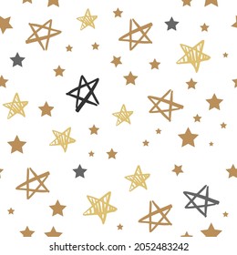 Golden stars seamless pattern. Vector illustration. Design for packaging, clothing, t-shirts. Starry sky for birthday, christmas and new year