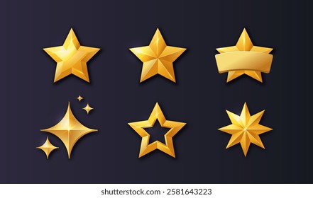 Golden stars set. Ranking and rating. Success and motivation. Award and reward, trophy. Glowing gold stars. Social media stickers. Realistic vector collection isolated on dark background