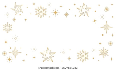 Golden stars and snowflakes in minimalist line art style, arranged on white background with plenty of space, elegant and festive frame