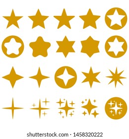 Golden stars and sparkles flat design icon Set. Yellow Star with rounded corners in circle. Sun glint. Gleam Light of explosion or fireworks rays. Vector various starry elements with light effects